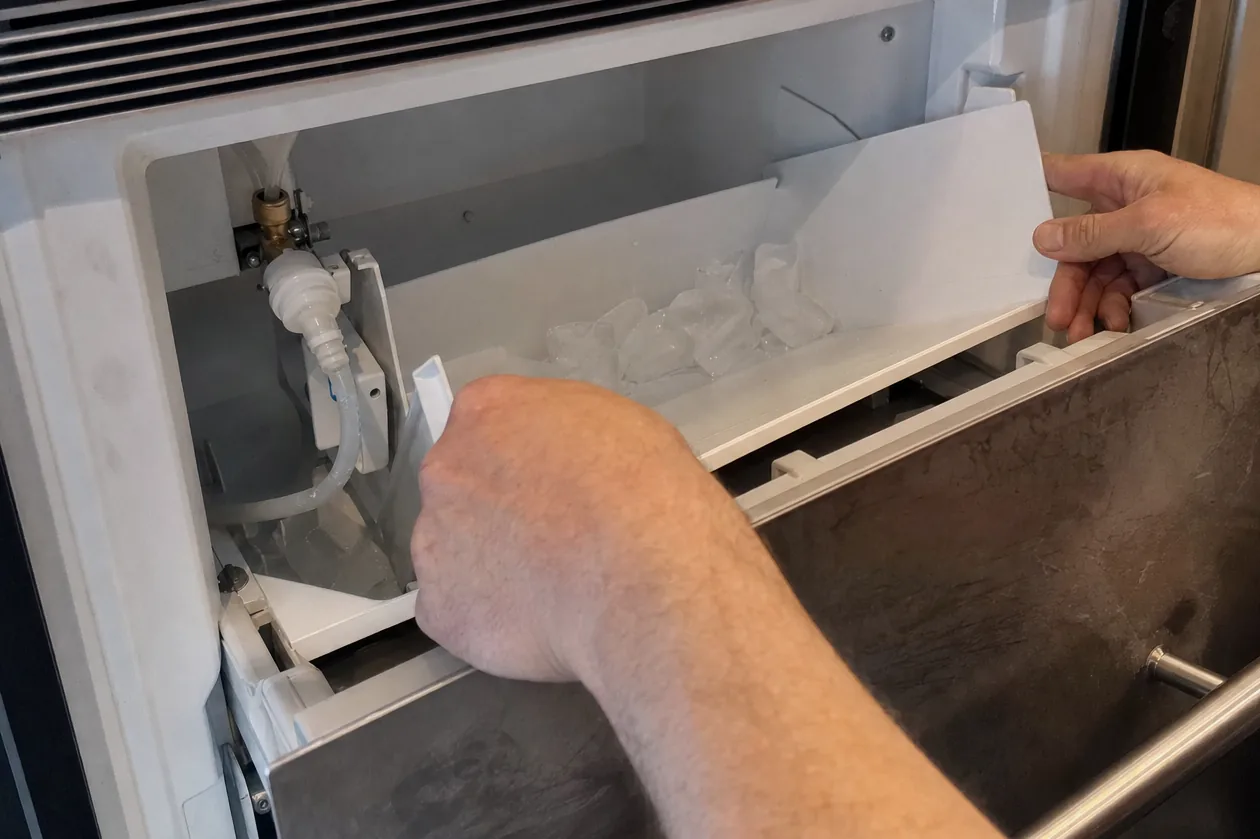 The inside of an undercounter drawer with the bin removed, the fill tube visible at the back wall.