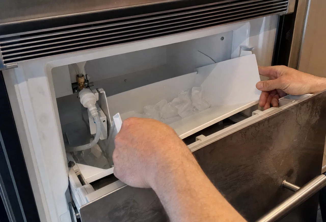 Hands withdrawing an ice bin from a built-in drawer in a domestic kitchen, cubes shifting inside it.
