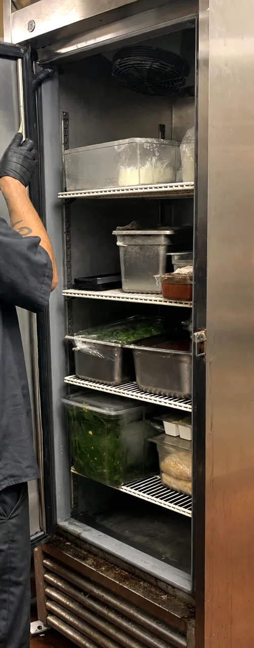 The open interior of an upright refrigerator, shelf runners visible down both side walls.