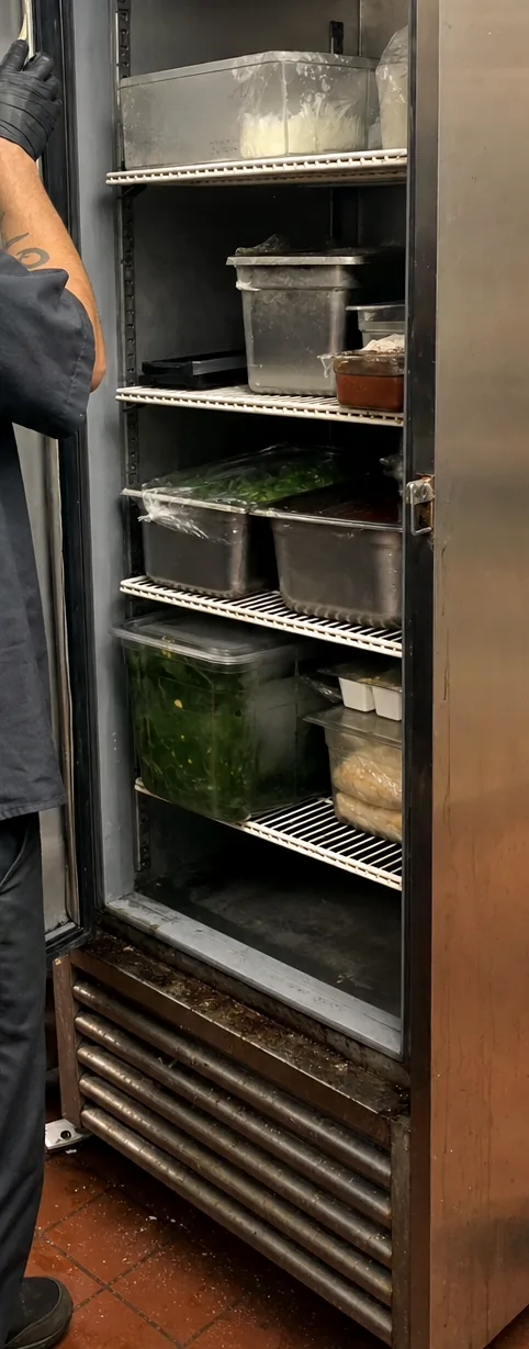 The base of a refrigerated cabinet with the louvred condenser grille visible at floor level below the door.