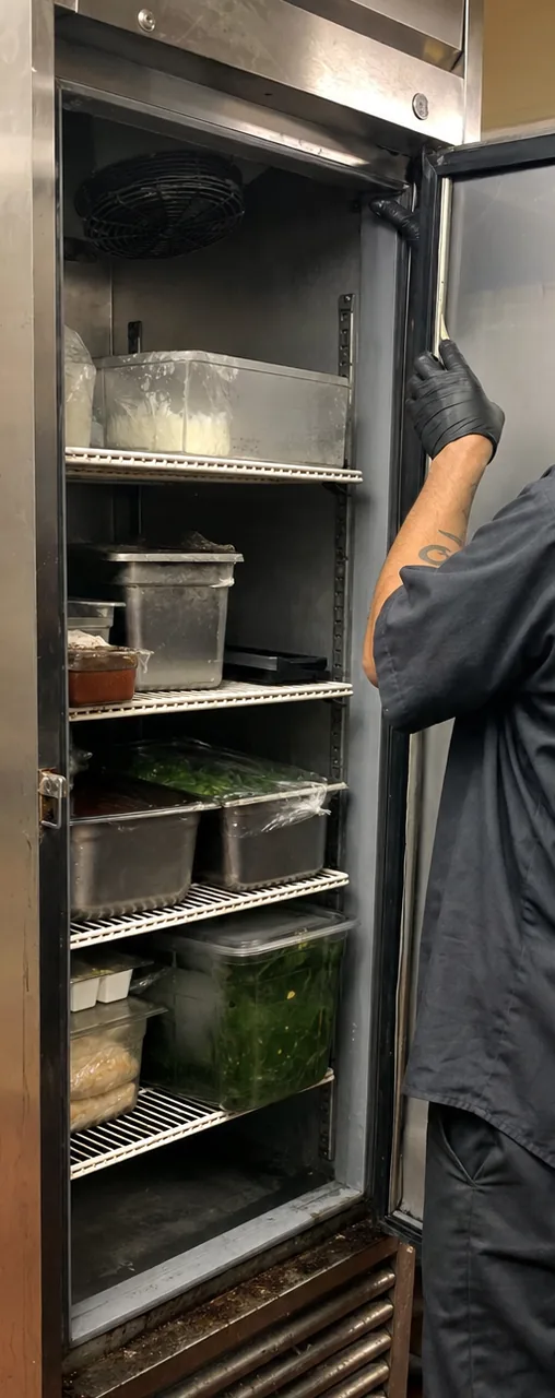 An open stainless refrigerator with loaded shelves, seen straight on from a step away.