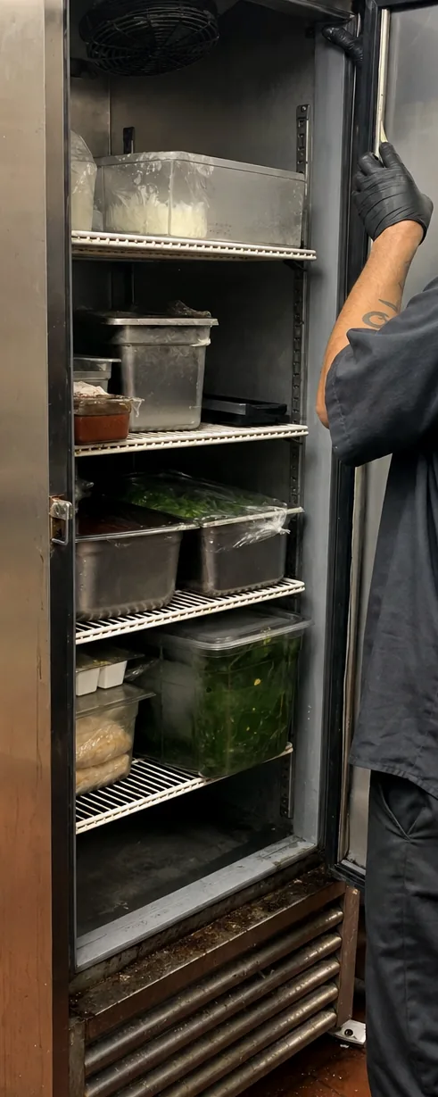 The interior of an upright refrigerated cabinet with its shelves racked one above another and the seal visible along the door frame.