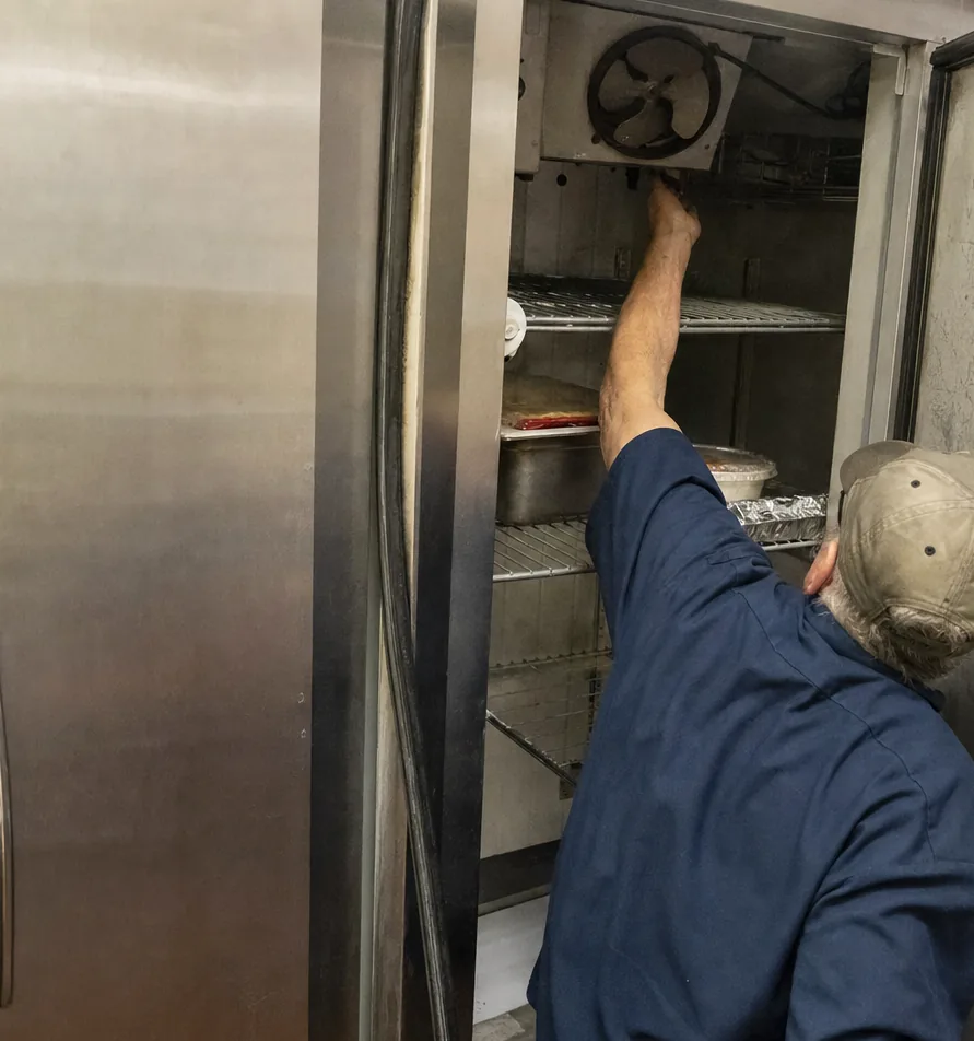 The evaporator fan and its bracket at the top of a refrigerator cabinet, a hand on the housing below.