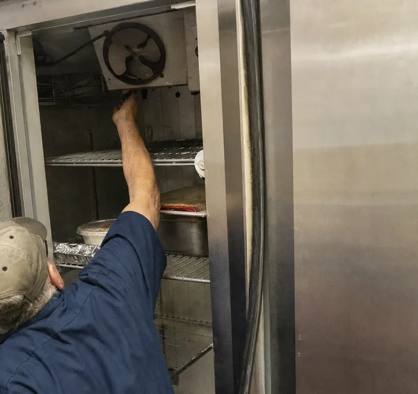 An interior view of a refrigerated cabinet with the evaporator fan cage visible at the top of the compartment.