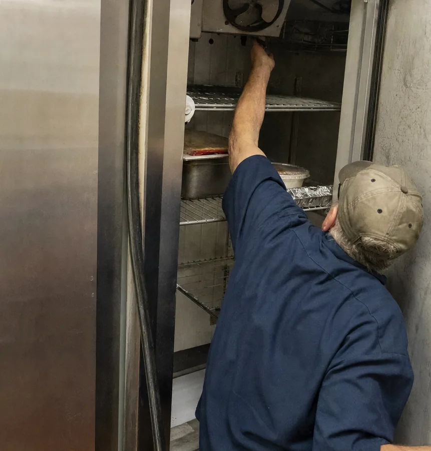 A technician reaching into the top of an open refrigerator cabinet toward the fan housing, shelves loaded below.