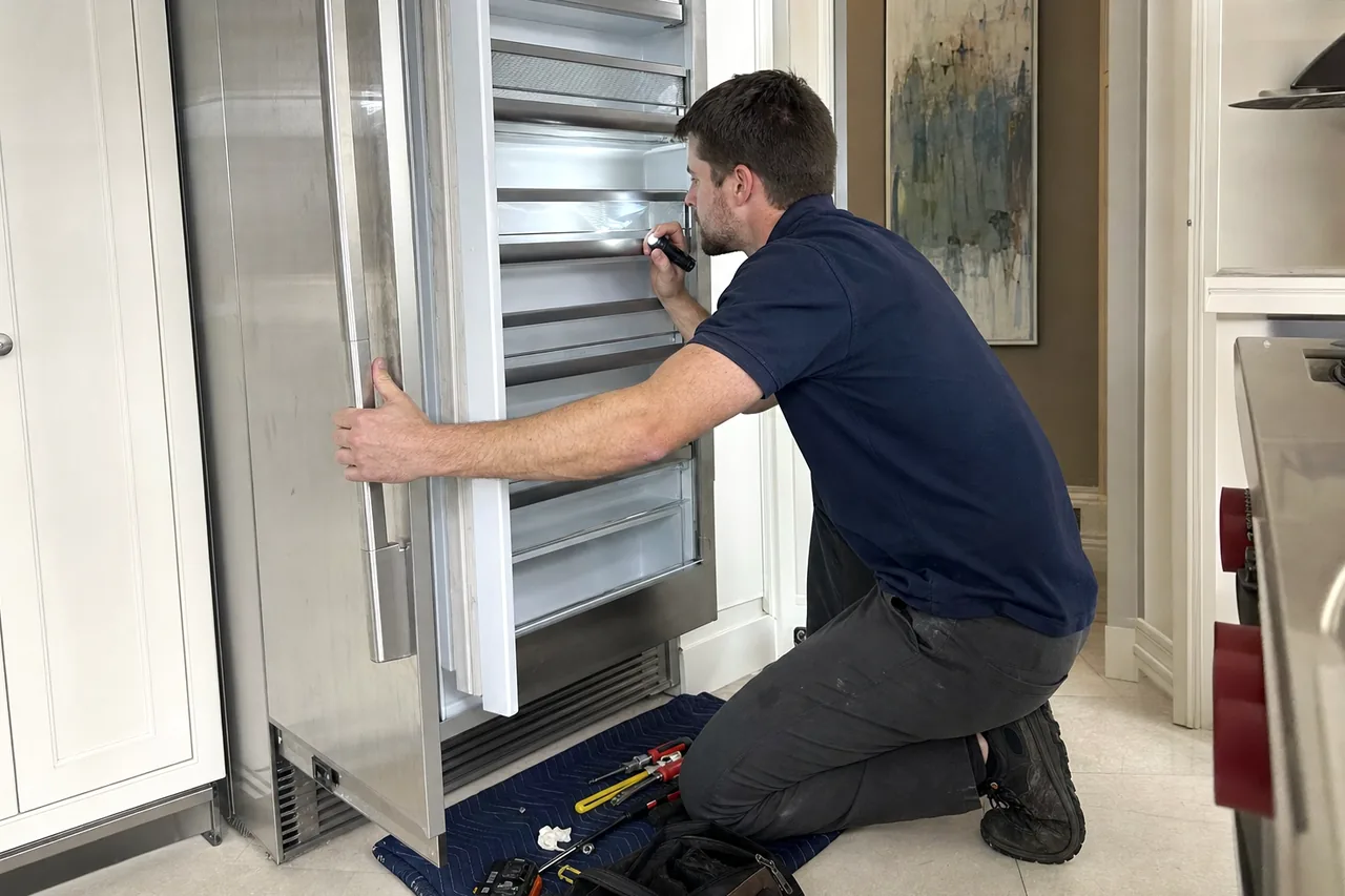An open built-in refrigerator with hand tools laid out on a folded towel on the kitchen floor beside it.