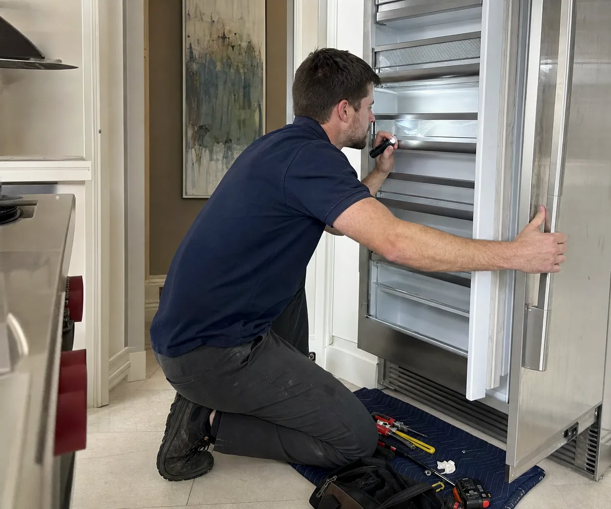A flashlight beam inside the fresh-food side of a built-in refrigerator, the technician’s hand on the open door.