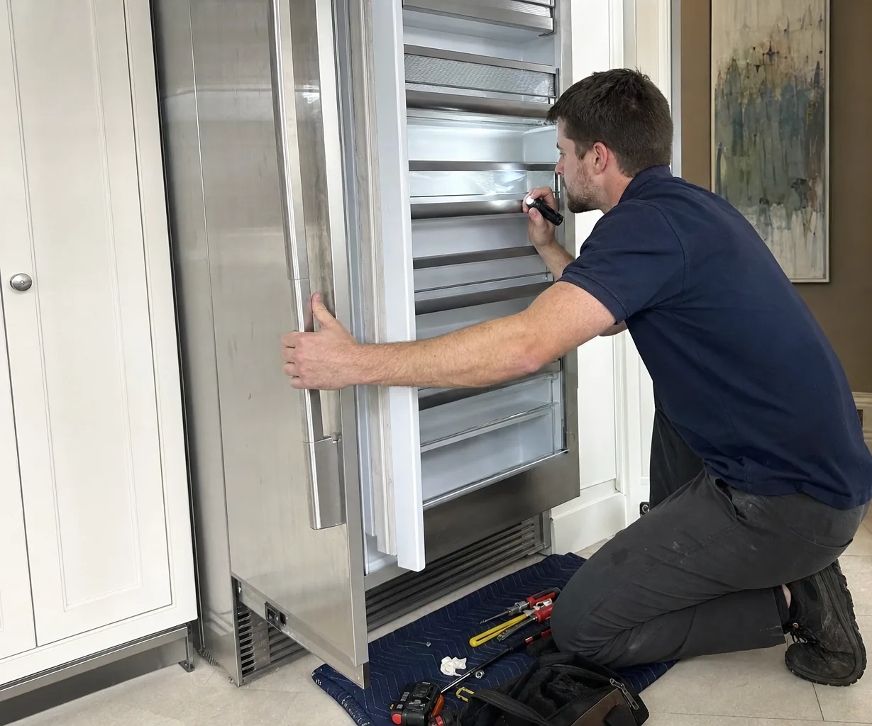 A full-height stainless built-in refrigerator standing open in a bright kitchen, its interior shelves visible.