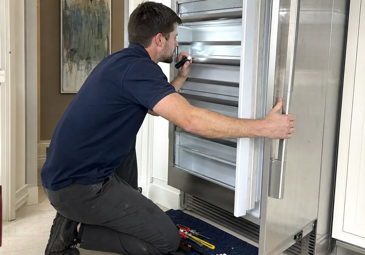 The stainless door of a built-in refrigerator held open at the handle, kitchen cabinetry running away behind it.