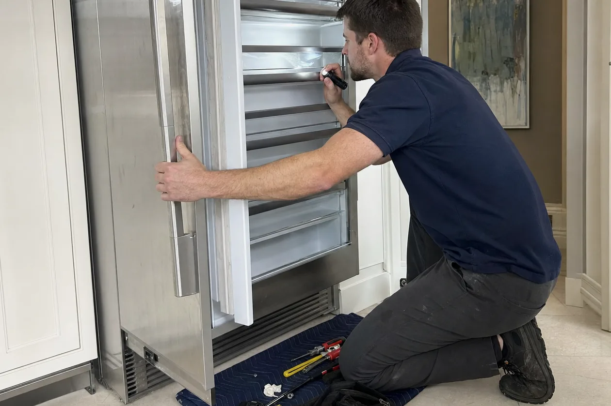 A technician crouched at the foot of an open refrigerator cabinet with a work light in one hand.