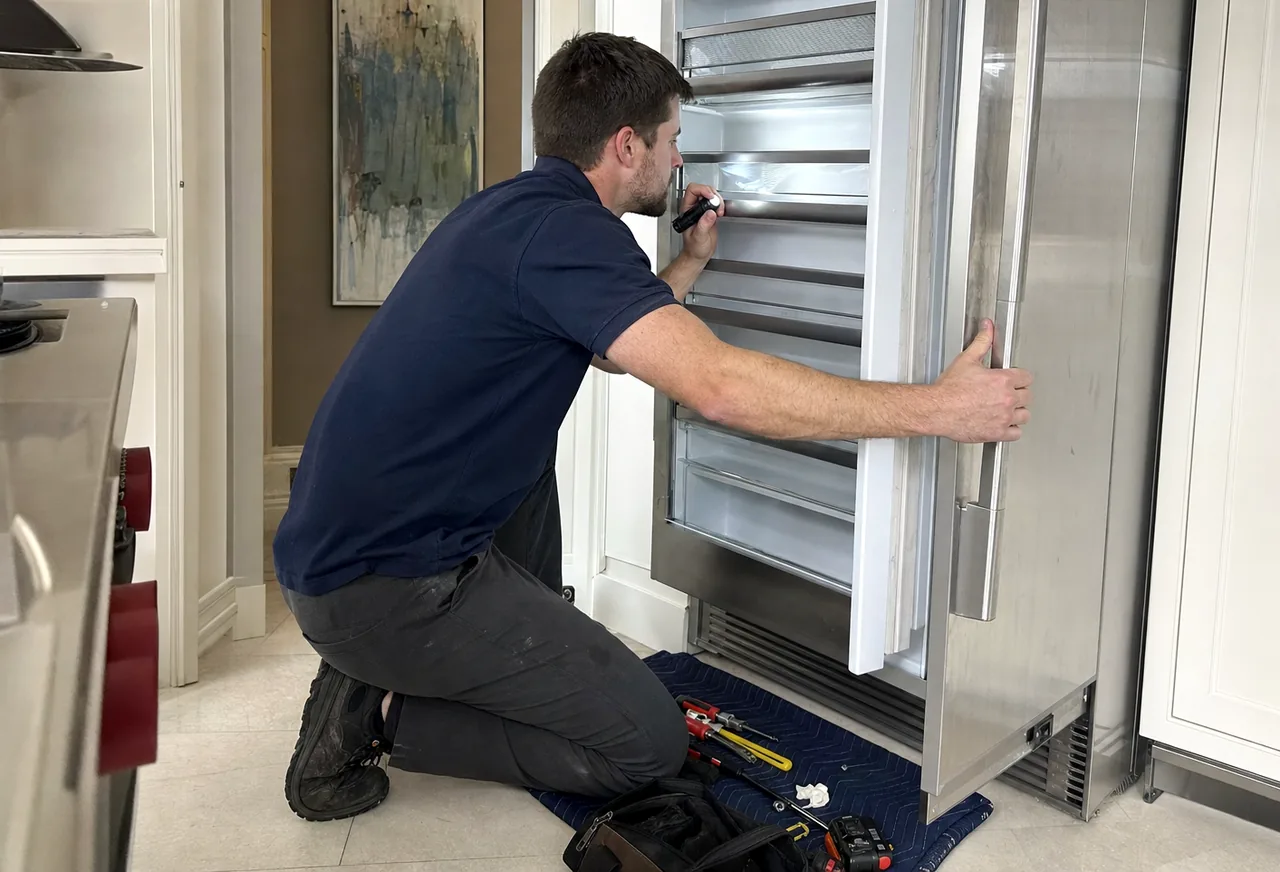 A repair technician in a plain work polo kneeling on a kitchen floor beside an open built-in refrigerator.