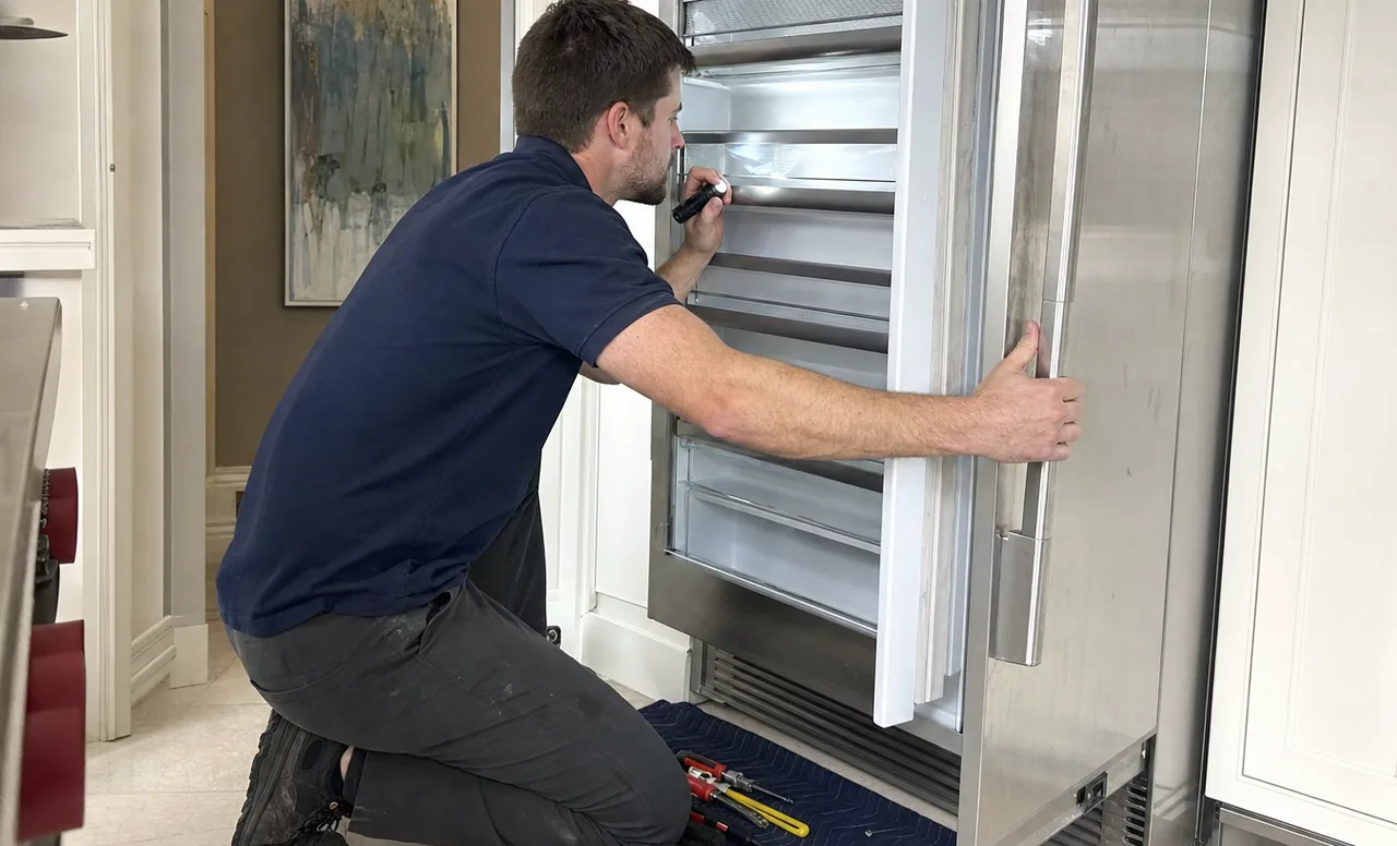 An open stainless built-in refrigerator in a domestic kitchen, seen from the doorway across the room.