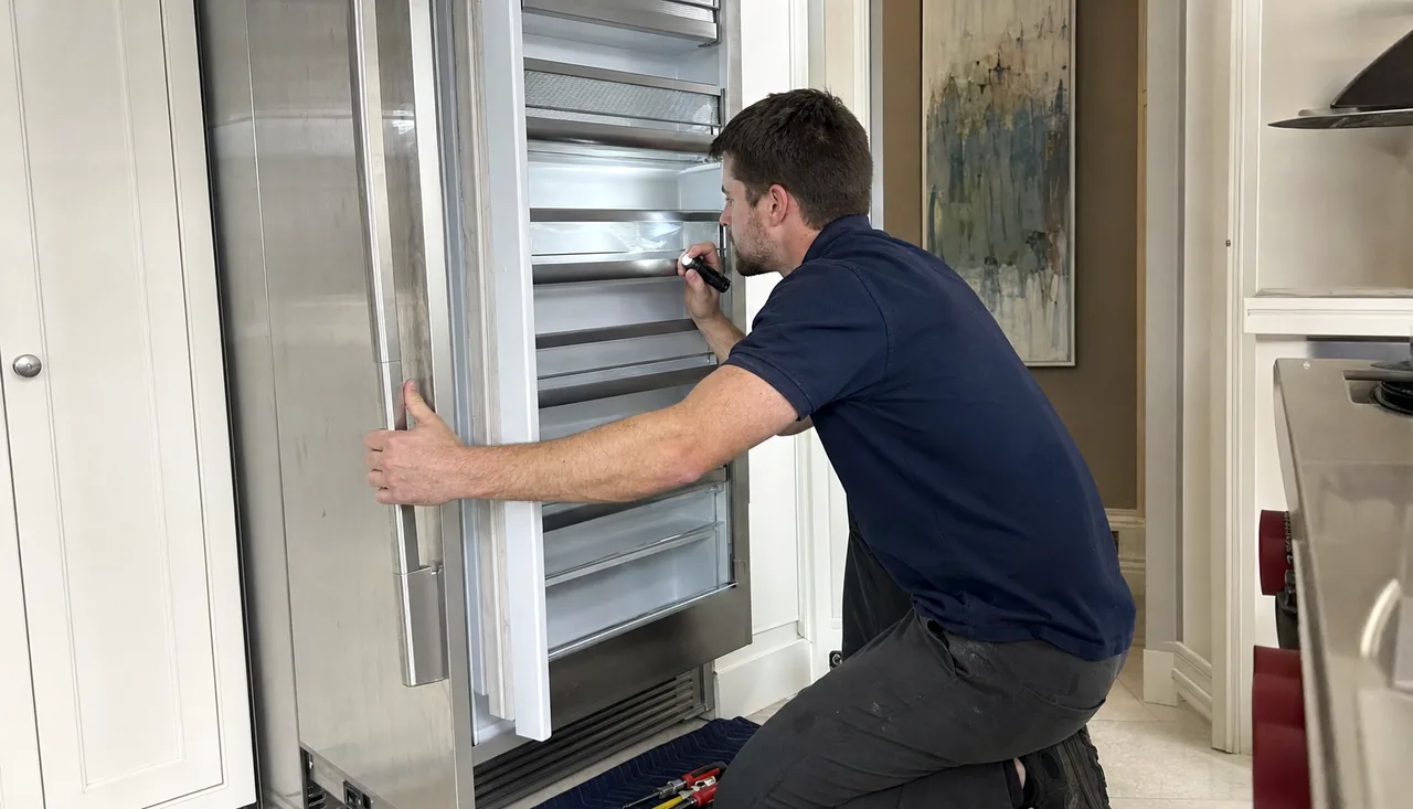 The interior of a built-in refrigerator lit by a flashlight, the freezer section closed alongside it.