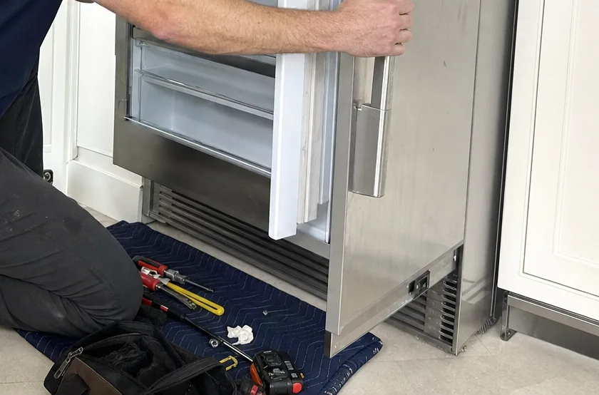 The lower half of an open built-in refrigeration column with its base grille exposed, a kneeling technician’s leg beside it and hand tools laid out on a mat on the tiled floor.