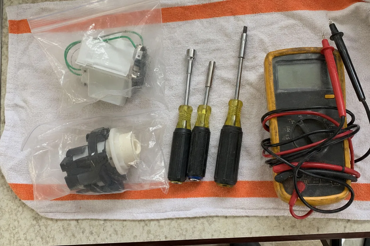 A multimeter face up on a folded towel, its probe leads running out of the frame.